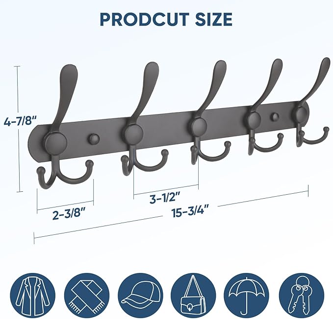 TICONN Wall Mounted Coat Rack, Five Heavy Duty Tri Hooks All Metal Construction
