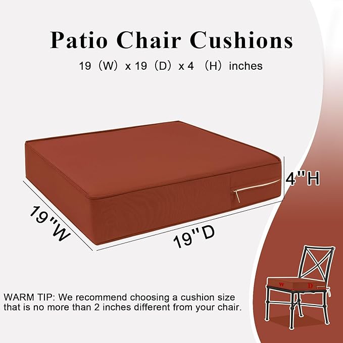 Outdoor Chair Cushions 19x19x4 Inch, Waterproof Spice Patio Furniture Cushions Set of 2 with Ties & Handle, 3 Year Color Fastness Square Replacement Seat Cushions for Sofa, Couch