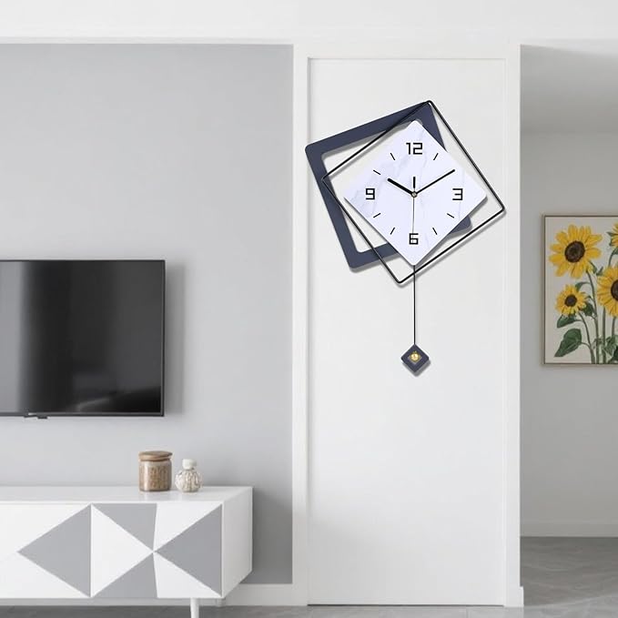 Wall Clock with Pendulum, Silent Quality Quartz Battery Operated, Metal Modern
