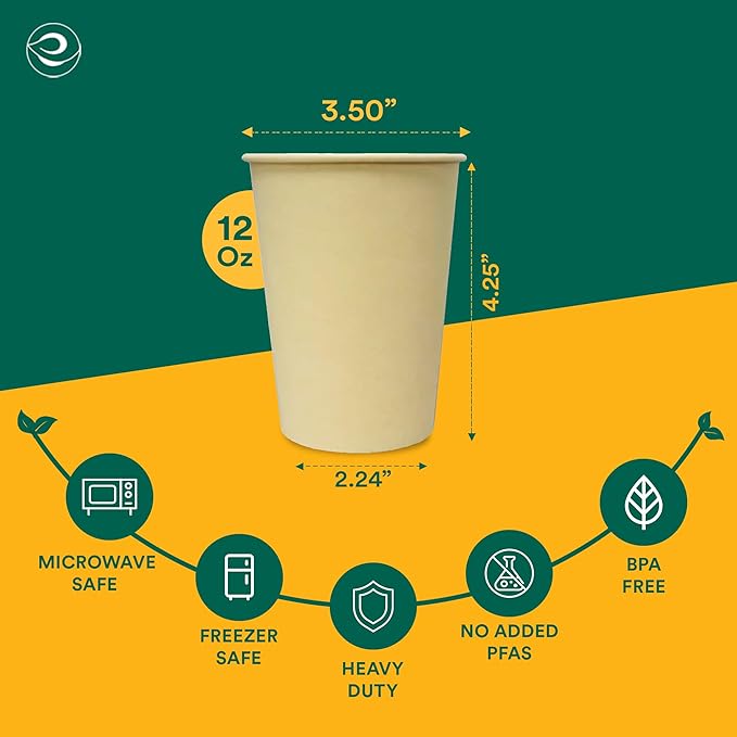 ECO SOUL 100 Pack 12 oz Disposable Coffee Cups Eco-Friendly, Biodegradable, Compostable, Leak-free & Sturdy To Go Hot Drink Travel Bagasse Cup for Tea, Chocolate, Party, Picnic & Cafe, Office & Home