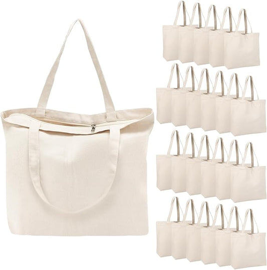 Segarty Canvas Tote Bag with Zipper, 24 Pack 16x13 Reusable Bags for Women, Blank Canvas Tote Aesthetic with Natural Cotton Cloth, Shoulder Strap, Bulk for DIY, Grocery, Beach, Travelï¼Gift