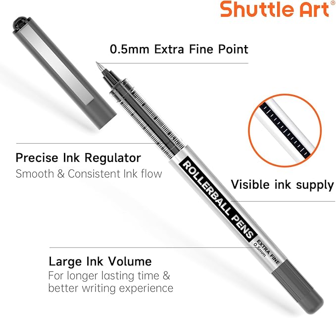 Shuttle Art RollerBall Pens, 25 Pack Black Fine Point Roller Ball Pens, 0.5mm Liquid Ink Pens for Writing Journaling Taking Notes School Office