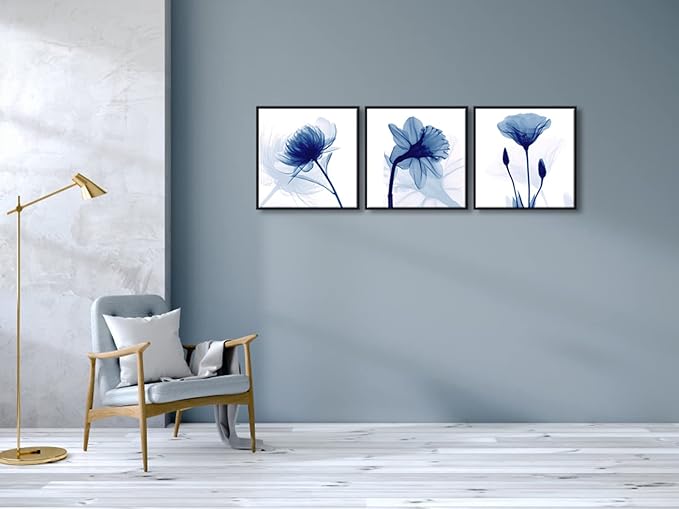 Wieco Art Framed Wall Art Blue Abstract Flowers 3 Panels Canvas Prints Home Art