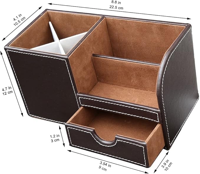 KINGFOM Desk Organizer Office Supplies Caddy Pu Leather Multi-function Storage Box Pen/Pencil,Cell phone, Business Name Cards Remote Control Holder with Small Drawer Brown