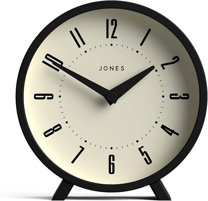 JONES CLOCKS® Venus Desk Clock | Modern Round Design | Black | Stylish Retro Look for Shelf, Table, Mantel or Bedside
