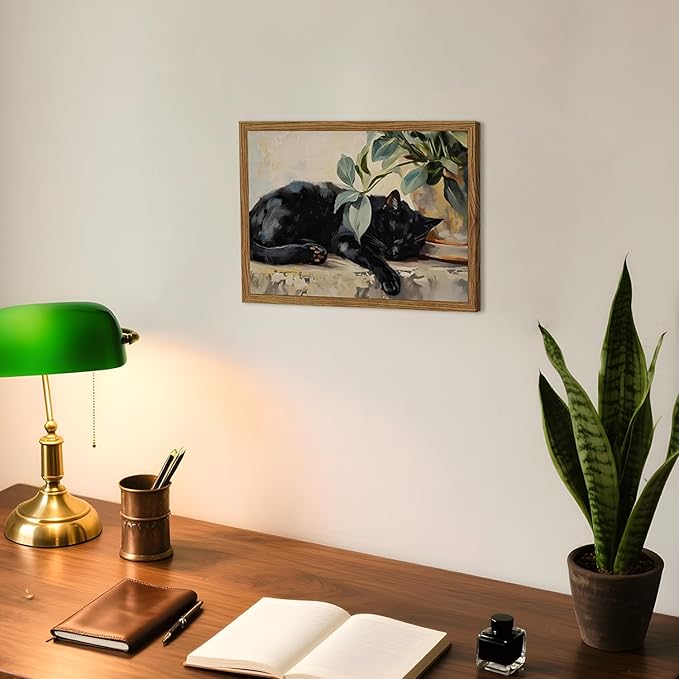 Framed Black Cat Canvas Wall Art, Vintage Sleeping Cat