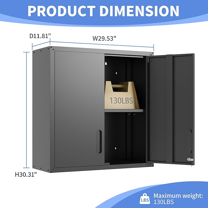 Garage Wall Cabinet with Doors and Shelves, Metal Wall Mounted Storage Cabinet
