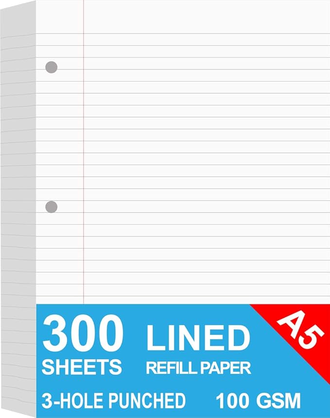 (3-Pack) A5 Filler Paper, 3 Hole Planner Refills, Organizer, Loose-leaf Binder Paper, Total 300 Sheets/600 Pages, Lined, 100gsm, White, 5.8 x 8.2 Inch, 3 Hole Filler Paper, Mini Binder Refill Inserts