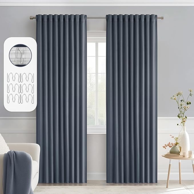MIULEE Stone Blue Back Tab Blackout Curtains 90 Inches Long 2 Panels Set