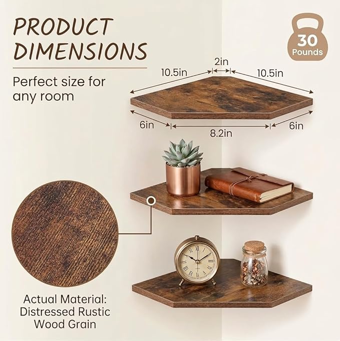 SUYU Set of 3 Floating Corner Shelves, 11.8" Rustic Wood Corner Shelf Wall