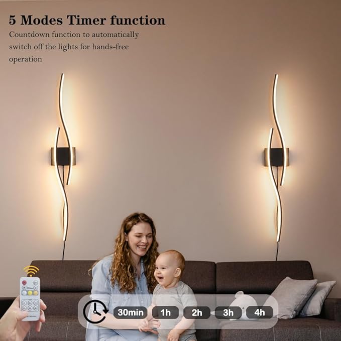 Daunton Modern Plug in Wall Sconces Set of Two, RC Dimmable LED Plug in Wall