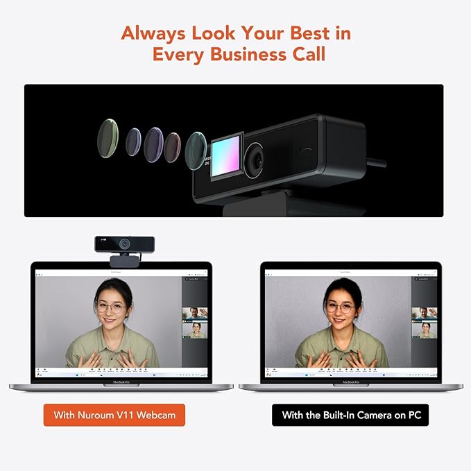 NUROUM V11 2K Webcam for PC, 1080P 60FPS USB Web Camera with Microphone, 1440P@30fps, 90° Wide-Angle, Privacy Cover, Plug&Play for Mac/Laptop/Desktop/Computer, for Zoom/Teams/Google Meet