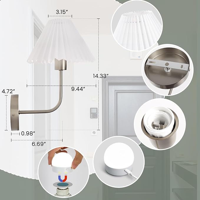 Wireless Wall Sconce Sets of 2, Pleated Shades Rechargeable Battery Operated