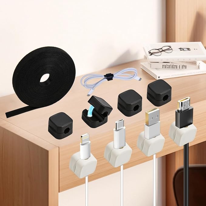 8 Pack Magnetic Cable Clips Cord Holder With Free 0.39*196 Inch Cut - To - Size Binding Tape For Cord Management | Adhesive Cable Organizer For Home, Office, Car - Hide Phone Charging Cables, Desk Use