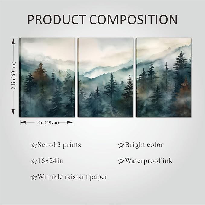 AKWISH Framed Green Forest Canvas Wall Art Set of 3, Boho Misty Watercolor Pine