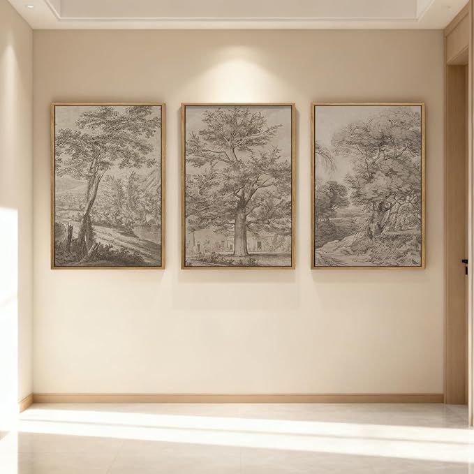 Extra Large Wall Art Framed Vintage Tree Sketch Antique Botanical Forest Prints Rustic Farmhouse Nature Decor for Living Room Bedroom Office 24"x36" Set of 3