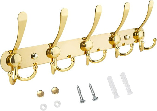 TICONN Wall Mounted Coat Rack, Five Heavy Duty Tri Hooks All Metal Construction
