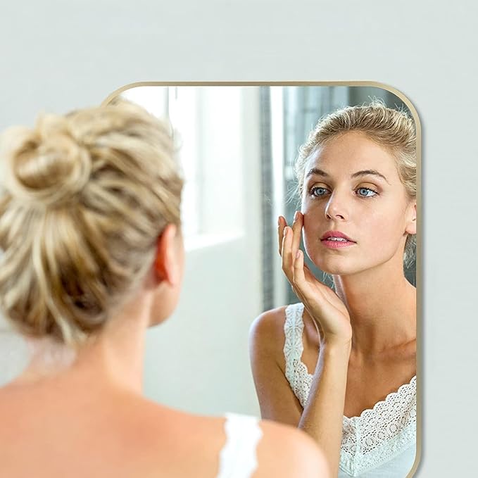 48x30 Inch Gold Bathroom Mirror, Brushed Gold Metal Framed Rectangular Mirror
