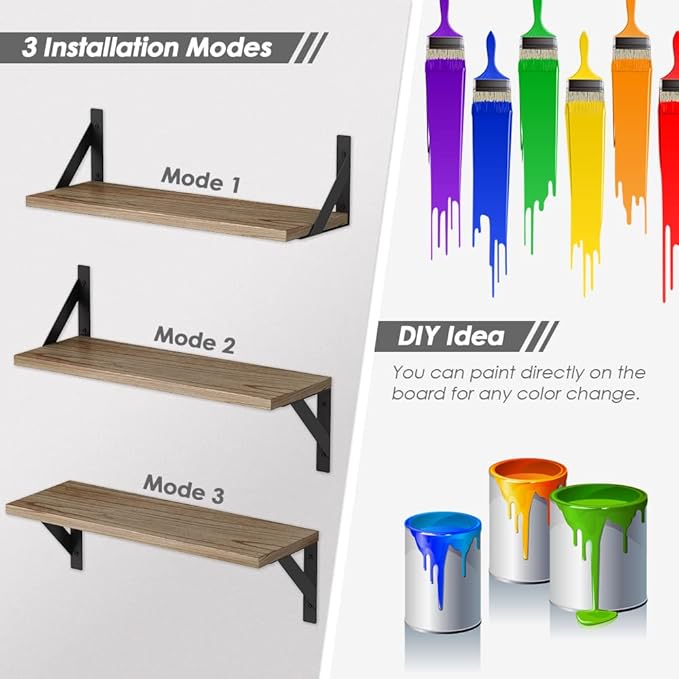 Floating Shelves with Black Metal Brackets Set of 3, Light Wood Wall Bookshelf