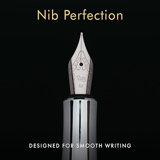 Wordsworth and Black Fountain Pen Mini EDC: Luxury Black Heavy Pocket Pen, Chrome Finish, Medium Nib, 6 Ink Cartridges, Ink Converter, Travel Refillable Writing Pen Gift Set, Men & Women