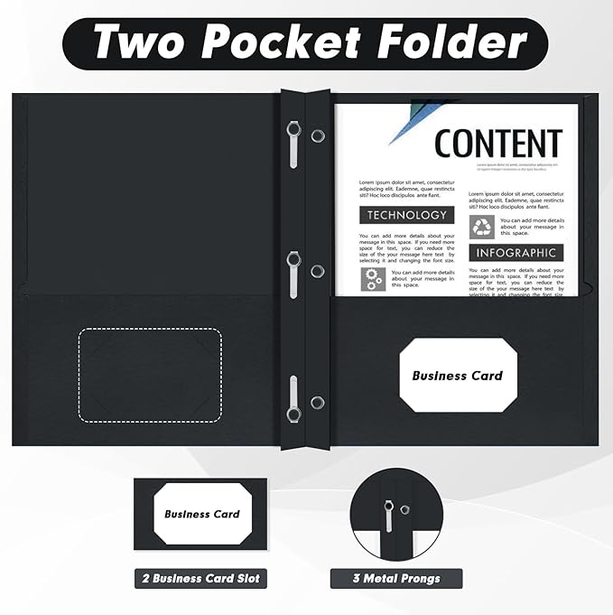 Two Pocket Folders, PANDRI 30 Pack Two Pocket Folders with Prongs, 3 Prong Folders Designed for Office and Classroom, Letter Size Black