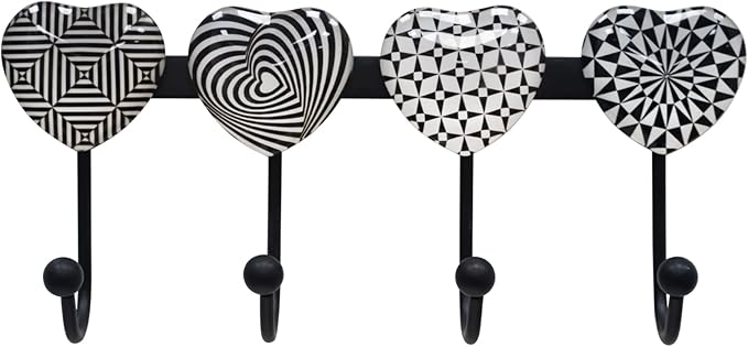 Coat Rack Wall Mounted with 4 Hooks, Heart Geometric Pattern Decorative Wall
