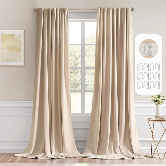 MIULEE Back Tab Beige Curtains 102 Inch Long 2 Panels Set