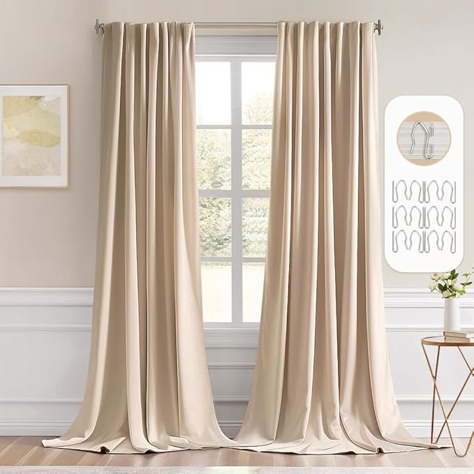 MIULEE Back Tab Beige Curtains 120 Inch Long 2 Panels Set