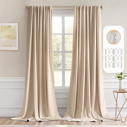 MIULEE Back Tab Beige Curtains 108 Inch Long 2 Panels Set
