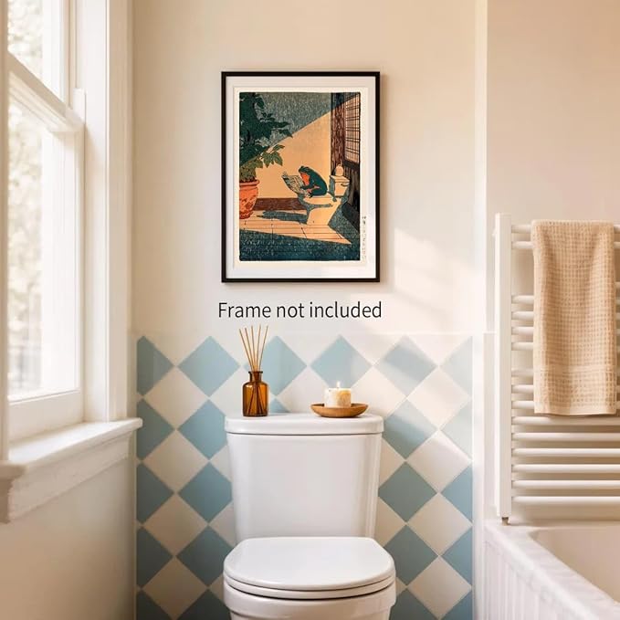 Heltrappe Vintage Japanese Wall Art Funny Frog Bathroom Canvas Print Cute