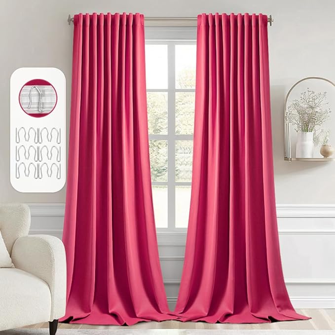 MIULEE Hot Pink Back Tab Blackout Curtains 120 Inch Long 2 Panels Set