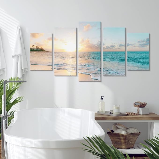 Goldfoilart 5 Pieces Beach Sunset Canvas Wall Art Blue Sea Prints Romantic