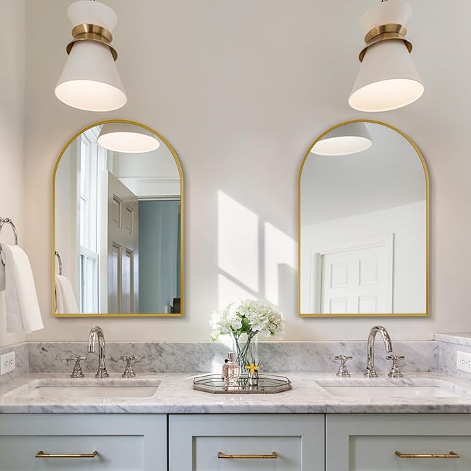 20" x 30" Gold Arched Mirror, Arch Bathroom Vanity Wall Mirror, Modern Aluminum