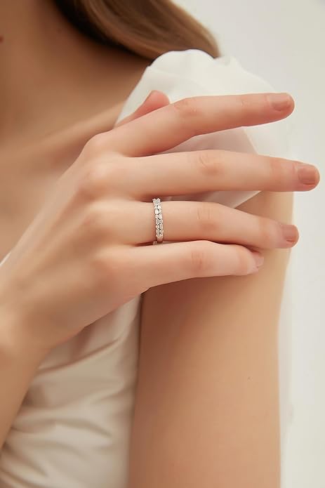 EAMTI 925 Sterling Silver Wedding Bands for Women Baguette Round Cubic Zirconia Two-Row Eternity Band Stackable Engagement Rings Size 4-10