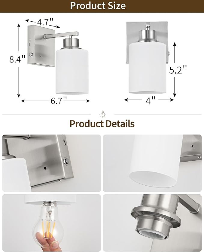 Rayogale Wireless Wall Sconces, Nickel Battery Operated Wall Sconce Set of 2
