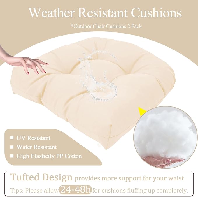 MTMR Outdoor Chair Cushions Set of 2, 19x19 Waterproof Wicker Seat Cushions for Patio Furniture, Thick Tufted Outdoor Replacement Furniture Pad for Porch Lawn Wicker Desk Dining Rocking Chair, Cream
