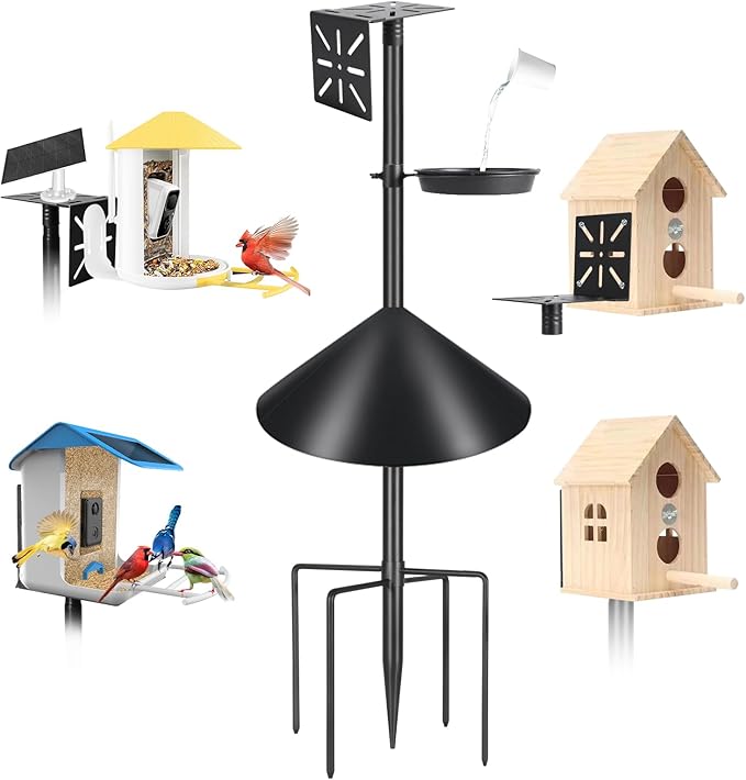 Smart Bird Feeder Pole with Squirrel Baffle & Bath-Heavy Duty Adjustable 3-6.6ft Universal Stand Mount for Backyard&Outdoor Bird Houses/Cameras (80'Pole-Baffle-Bath)