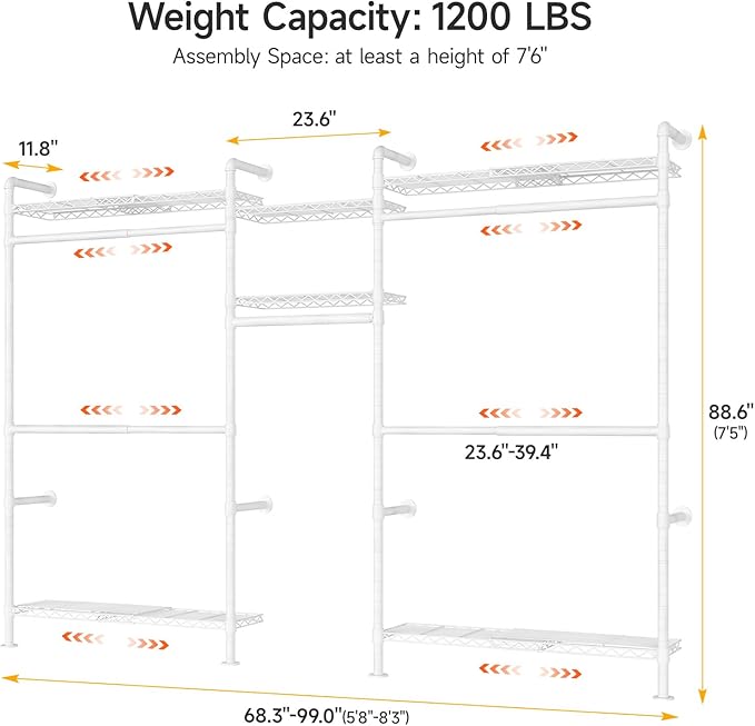 ONBRILL H3 Plus Expandable Wall Mounted Closet System, 5.7FT-8.2FT Closet
