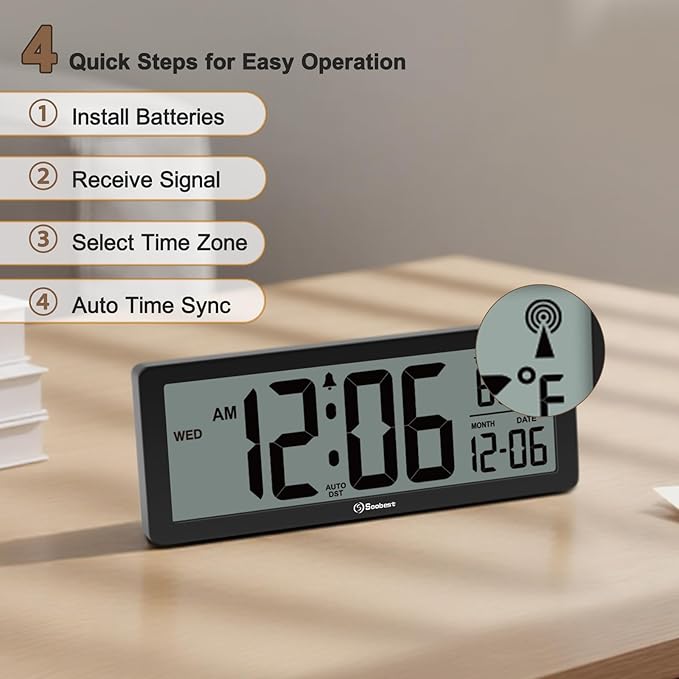 Soobest 8.5" Atomic Digital Wall Clock, Never Needs Setting, Auto Time Sync