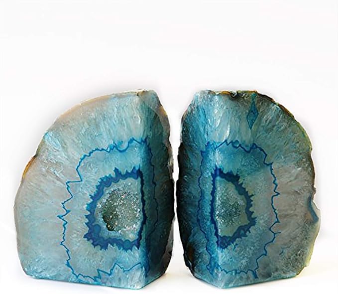 JIC Gem Teal Agate Bookends Geode Book Ends for Bookshelf Decor Decorative Bookends for Shelves Unique Cute Teal Decor with Rubber Bumpers (1 Pair, 3-4 Lbs)