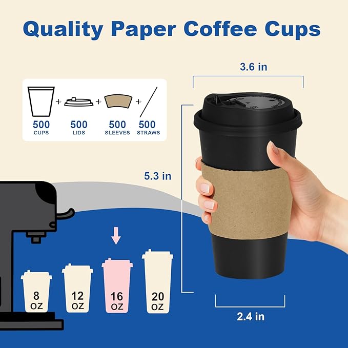 Coolcap 16 oz 500 Pack Coffee Cups with Lids and Sleeves, Straws, Hot Disposable To Go Travel Paper Cups Bulk for Office, Home Coffee Bar Accessories, Chocolate, Cocoa, Beverage (Black)