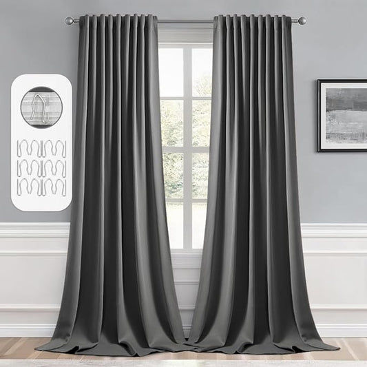 MIULEE Back Tab Grey Blackout Curtains 108 Inch Long 2 Panels Set