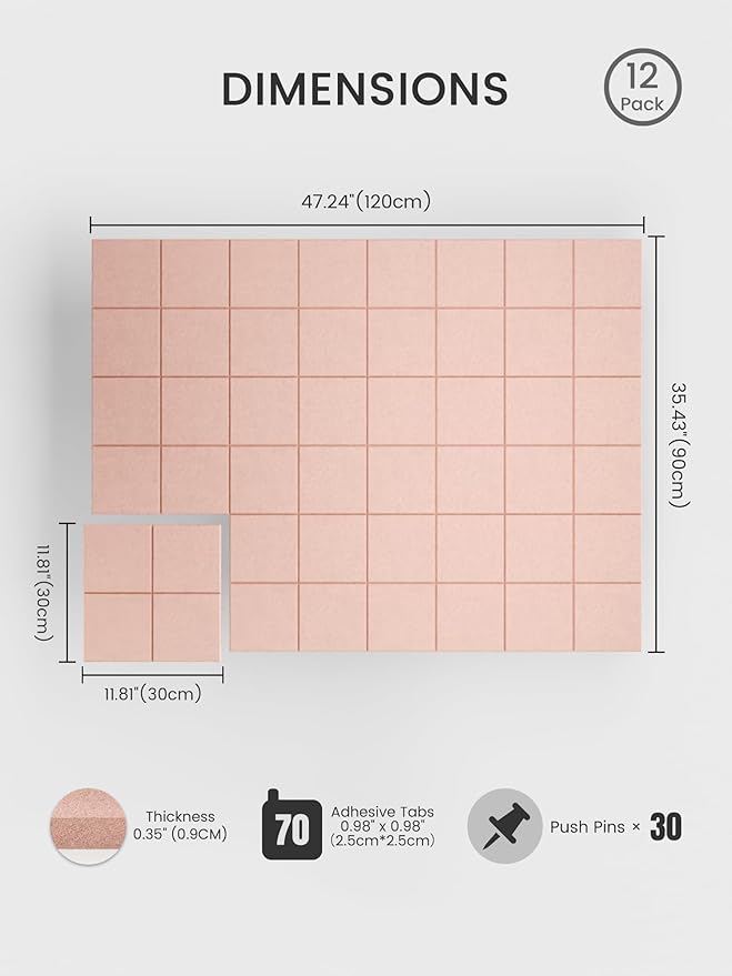 Bumusty Large Felt Bulletin Board, 30 Push Pins, 70 Adhesive Tabs