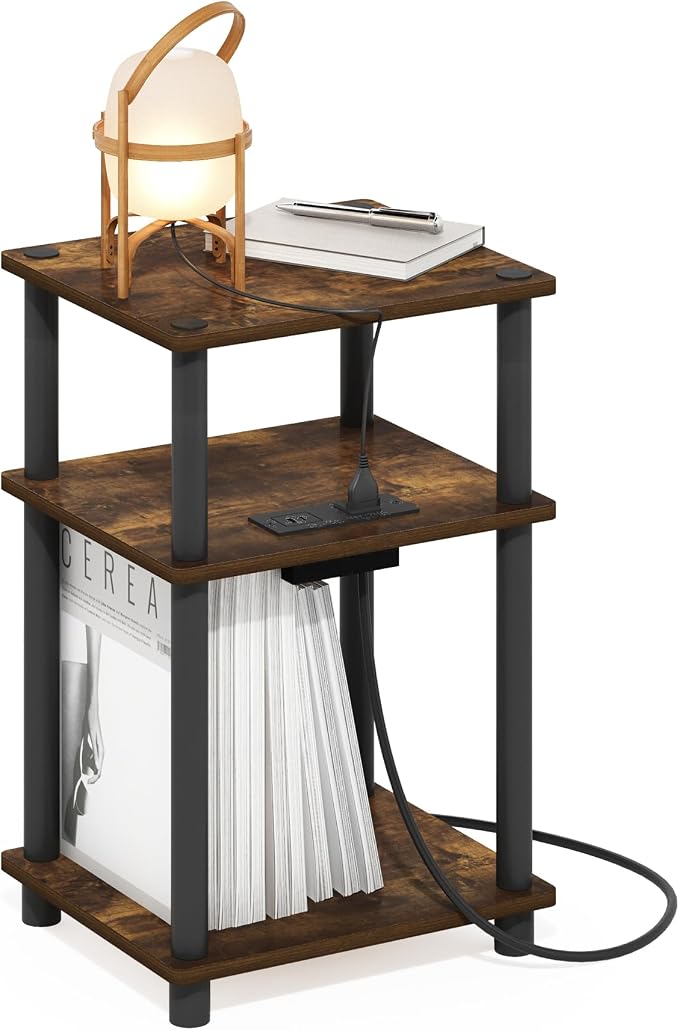 Furinno JUST Side Table, 3-Tier Modern End Table with Charging Station, Easy Assembly Night Stand, Bedside Table with USB and Type-C Port, for Living Room, Bedroom, Amber Pine