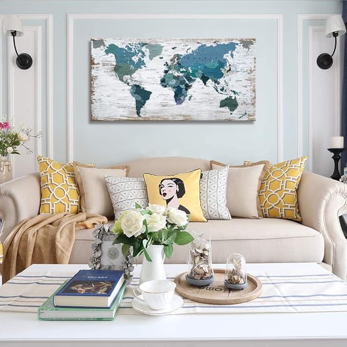 Teal Decor World Map Canvas Wall Art Pictures