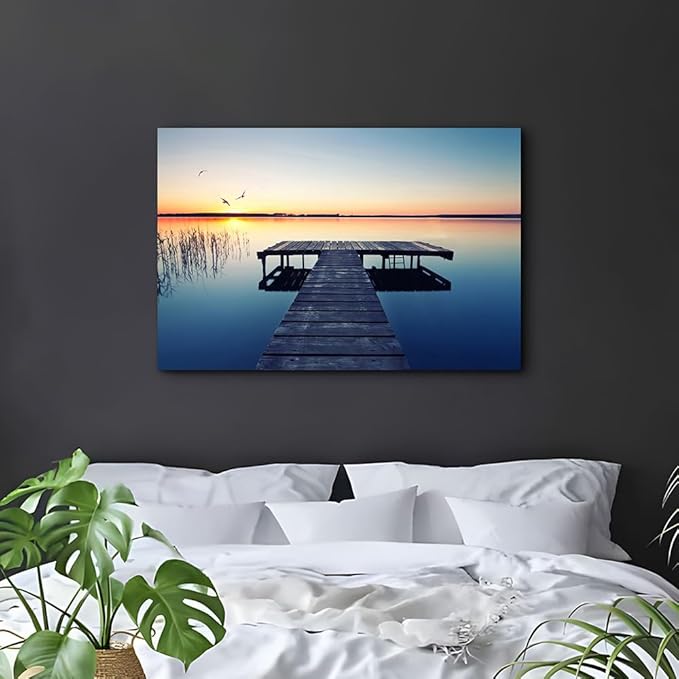 Hardy Gallery lake wall art pier picture: scenic nature canvas wall art lake scene artwork dock scenery wall decor painting - sunset landscape prints for bedroom house 36"x24"