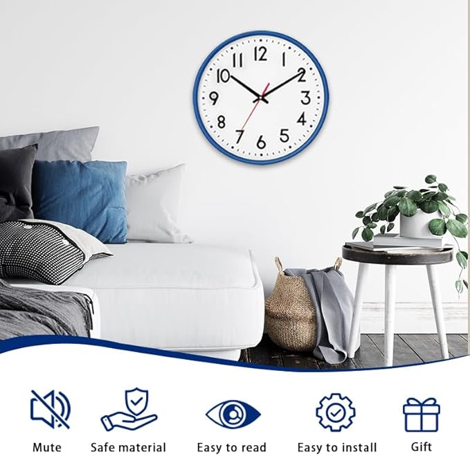 HZDHCLH Wall Clock Blue, Silent Wall Clocks Battery Operated 8 Inch Modern Non