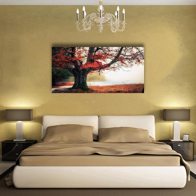 Stunning Nature Landscape Wall Art - 20x40 inches Canvas Artwork of Sunrise Forest Scenery with Red Leaves. Perfect Wall Decoration for Living Room, Bedroom and More