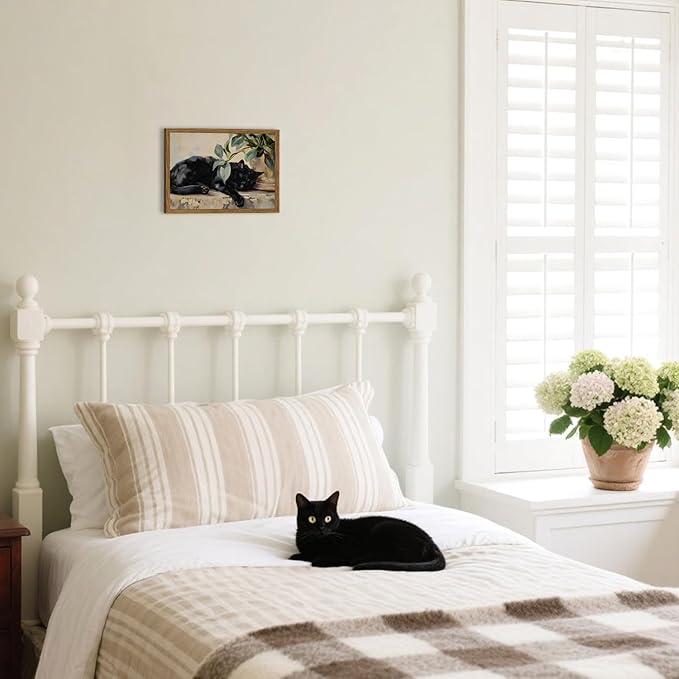 Framed Black Cat Canvas Wall Art, Vintage Sleeping Cat