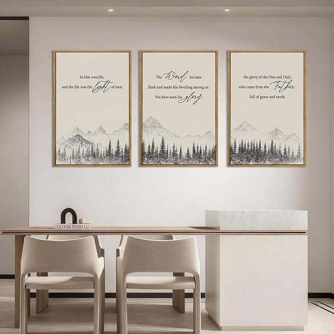 IARTTOP Large Christian Easter Framed Wall Art 16x24 Inch Neutral Mountain Forest Canvas Wall Decor Jesus Bible Verse Catholic Biblical Scripture Prints for Prayer room Living room Set of 3